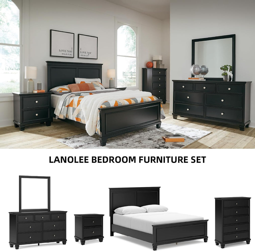 Signature Design by Ashley Lanolee Modern 7-Drawer Dresser and Mirror with Safety Stop, Classic Style, Sturdy Wood, Birch Veneer, Framed Drawer Fronts, Metal Drawer Knobs, Pewter-Tone Finish, Black