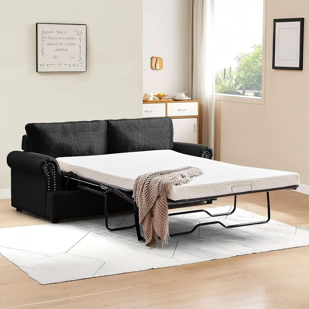 Reversible Sleeper Sofa Bed with Comfortable Memory Foam Mattress, Convertible Corduroy Full Size Pull Out Couch for Living Room, Space Saving Furniture, 76' Wide, Rounded Arms, Black