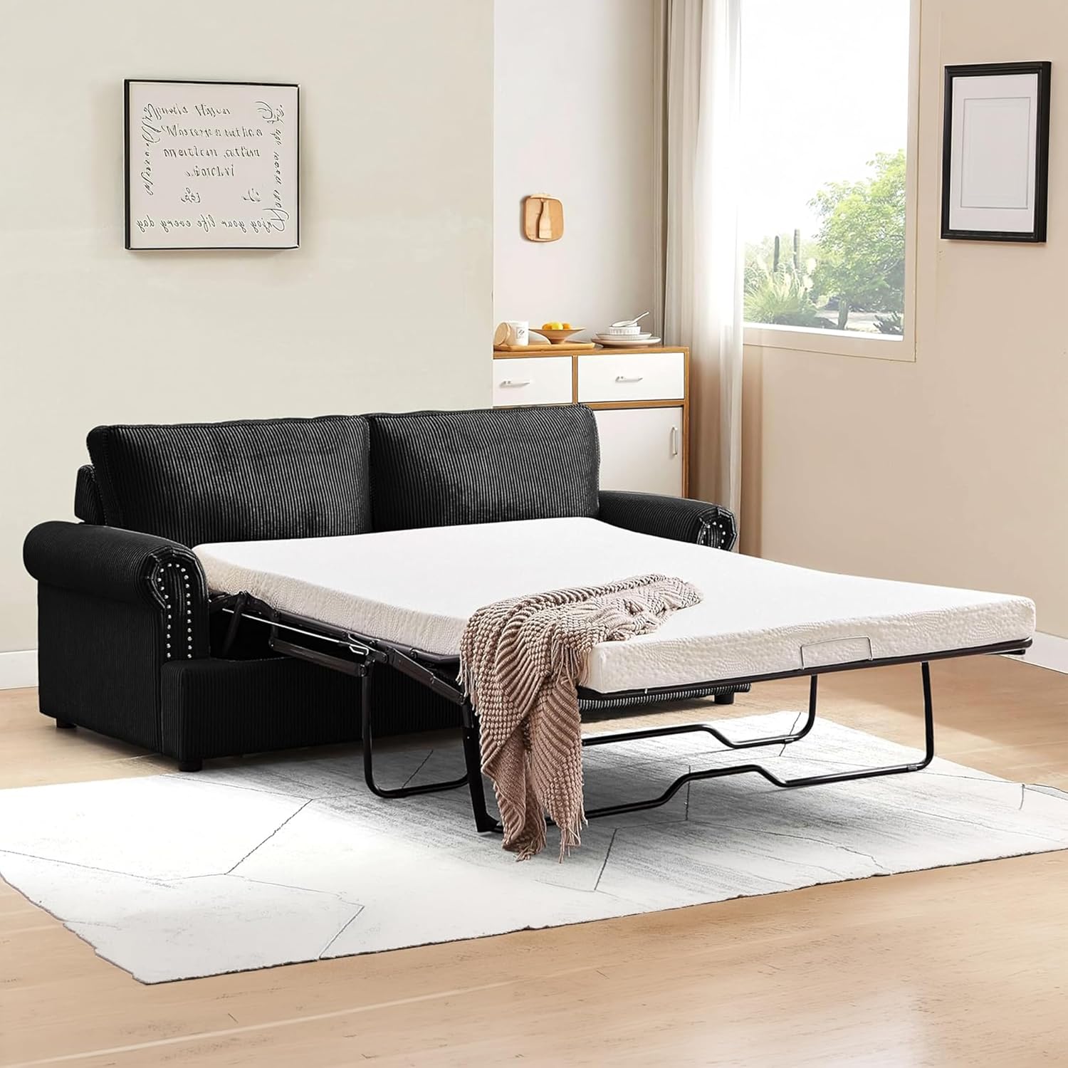 Reversible Sleeper Sofa Bed with Comfortable Memory Foam Mattress, Convertible Corduroy Full Size Pull Out Couch for Living Room, Space Saving Furniture, 76' Wide, Rounded Arms, Black
