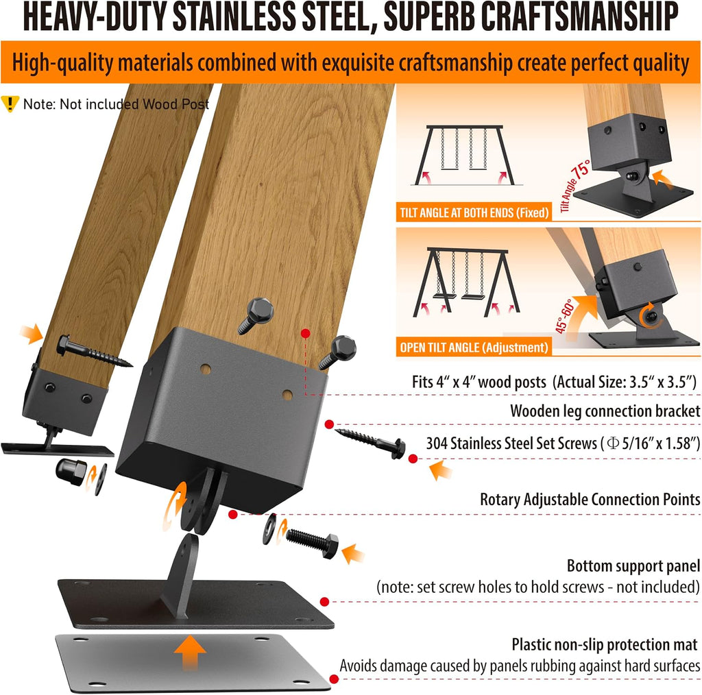 4-Pack Heavy Duty Swing Leveling Base Brackets 45-60 Angle Range Swing Set Brackets Stainless Steel Swing Anchor Leveling Kit Brackets Level on Uneven Ground Fits Grass Gravel and Hard Ground