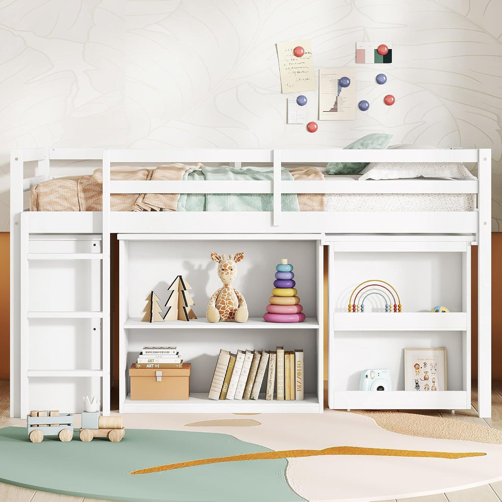 Twin Loft Bed, Multifunctional Loft Bed with Drawer Cabinet, Shelf Cabinet and Pulling-Out Desk, Flexible Under-bed Storage Space, Rubber Wood Loft Bed with Safety Guardrail and Ladder (White/261)