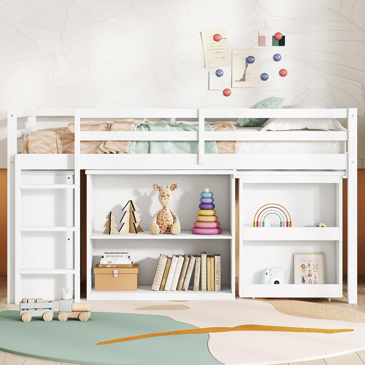 Twin Loft Bed, Multifunctional Loft Bed with Drawer Cabinet, Shelf Cabinet and Pulling-Out Desk, Flexible Under-bed Storage Space, Rubber Wood Loft Bed with Safety Guardrail and Ladder (White/261)