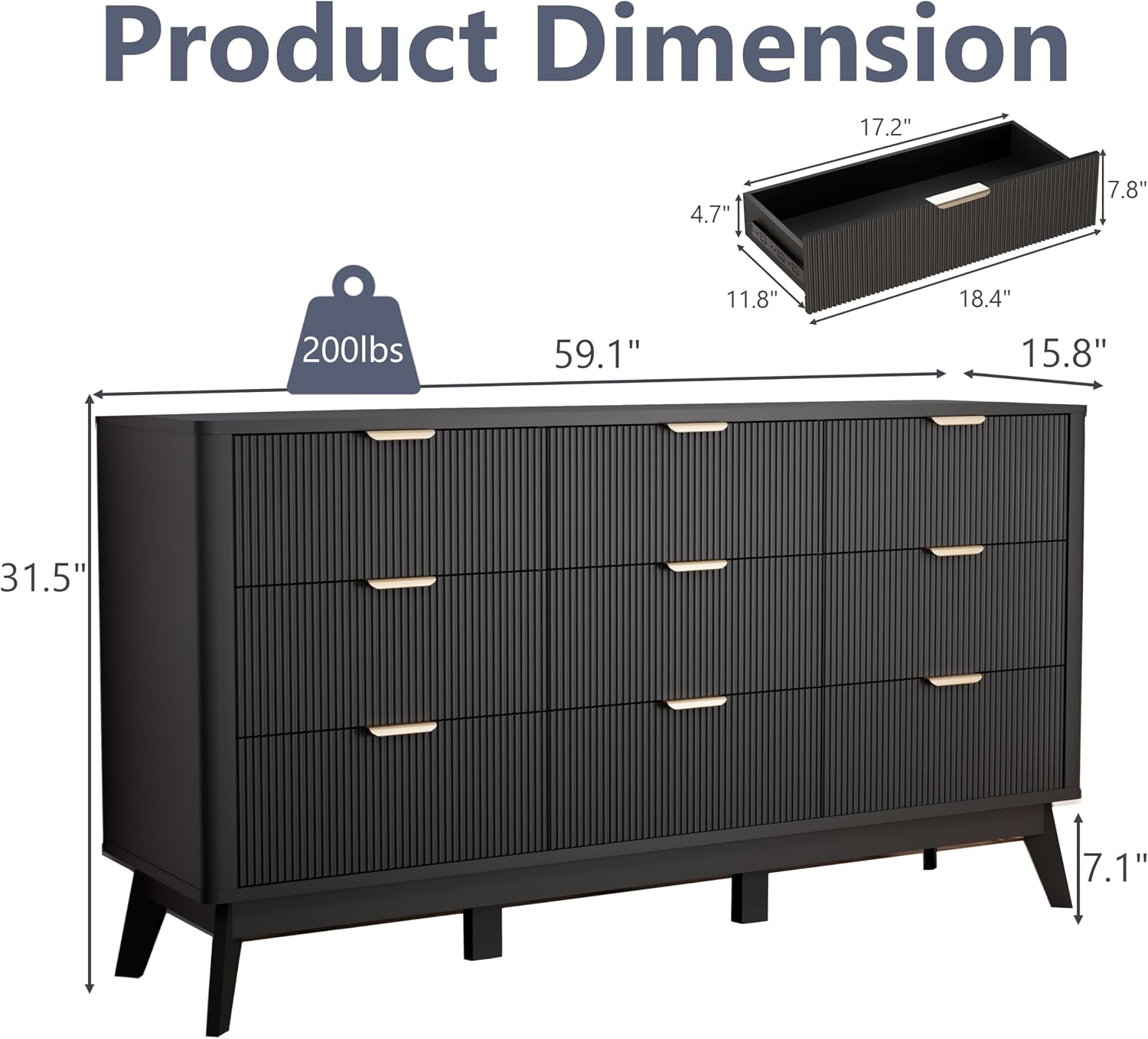 Royal Windsor Fluted 9 Drawers Dresser for Bedroom,59' Wide Wooden Dresser Chest of Drawers,Curved Profile Design,Storage Organizer for Living Room,Hallway,Black