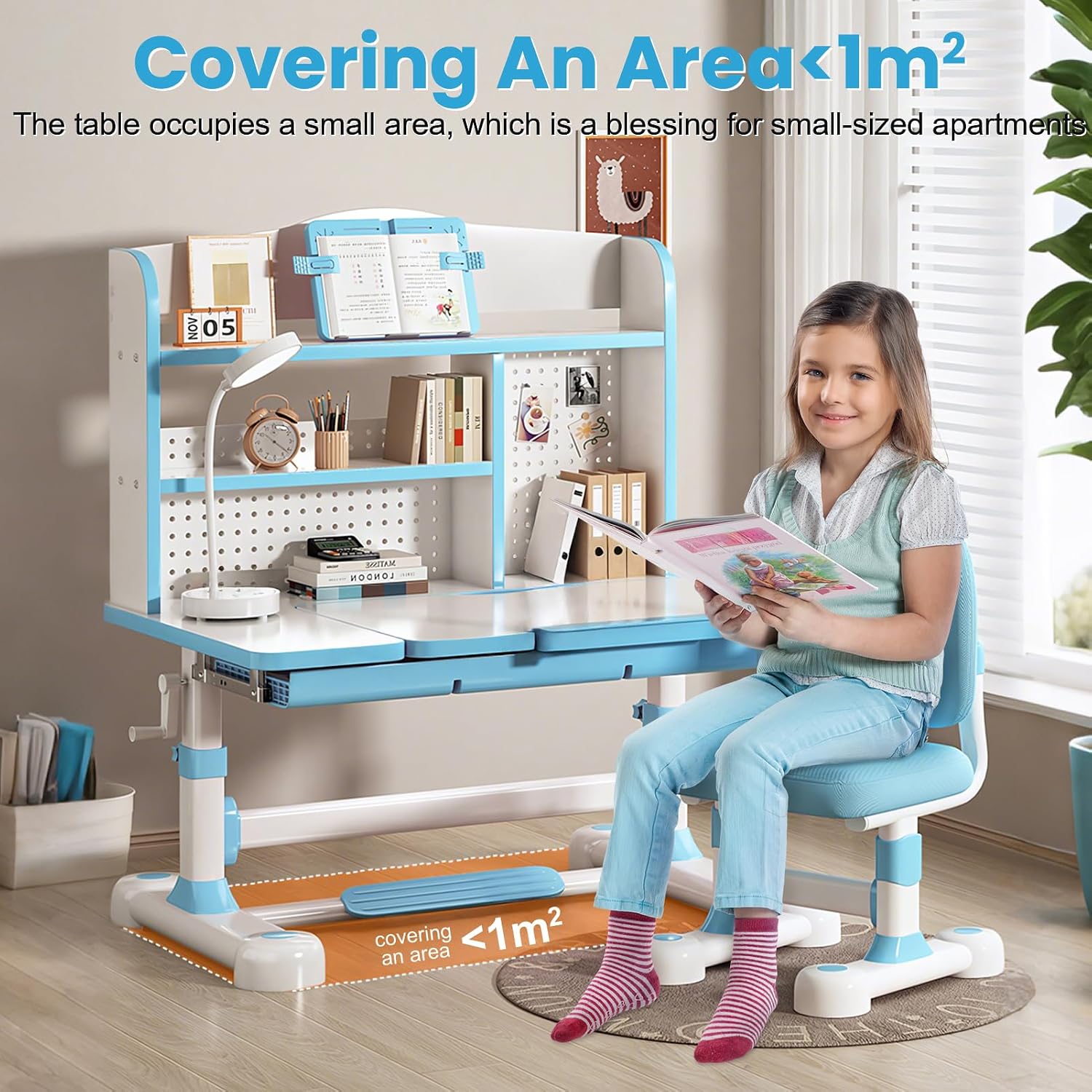 Kids Functional Desk and Chair Set – Ergonomic Height Adjustable Art Desk with One-Touch Tilting Desktop, Book Stand, Reading Rack & Storage Drawer for Children Boys & Girls (013-Blue)