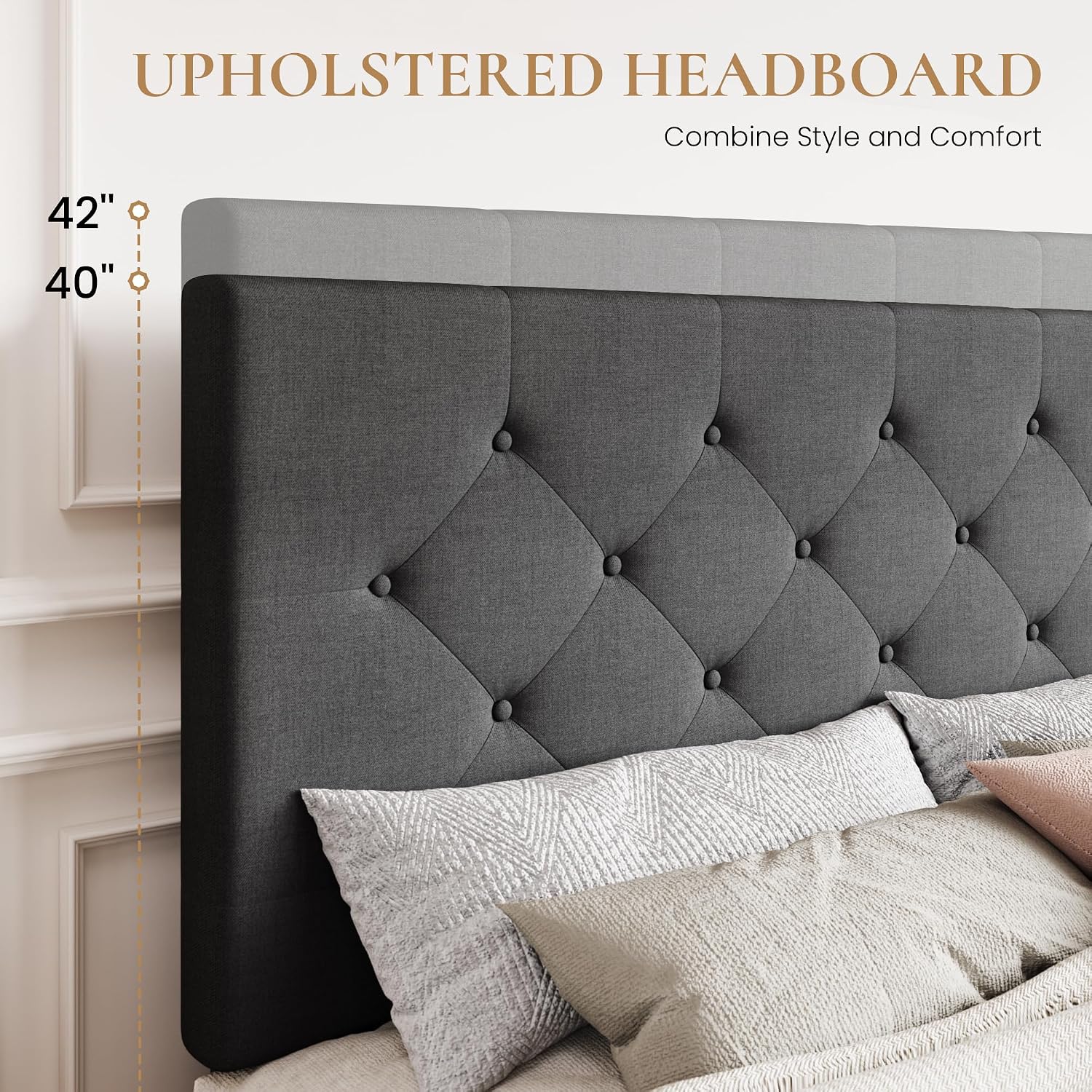 SHA CERLIN Upholstered Full Size Platform Bed Frame with 4 Storage Drawers, Adjustable Headboard with Diamond Stitched Button Tufted Design, Wooden Slat Support, No Box Spring Needed, Dark Grey