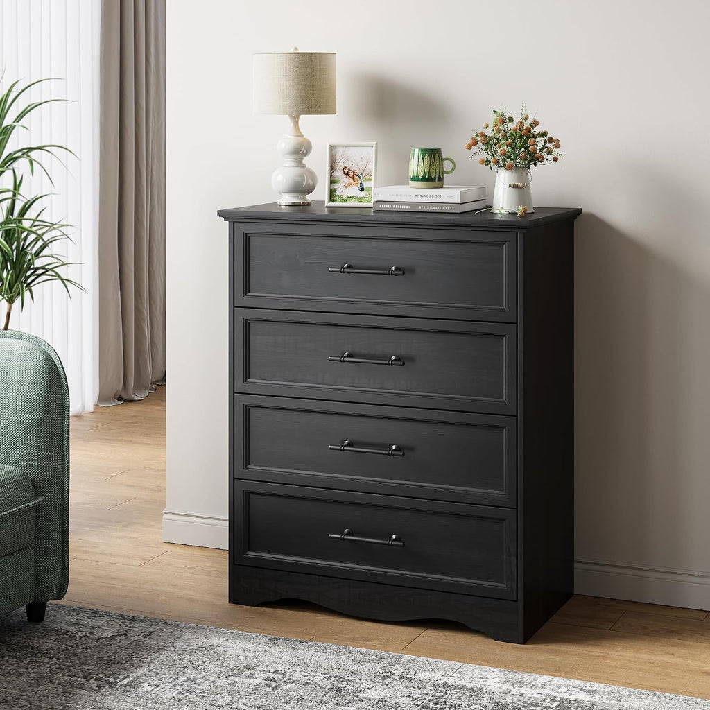 Black Dresser for Bedroom, Farmhouse 36' Tall 4 Drawer Chest with Sleek Brushed Metal Handles, Modern Wood Storage Cabinet with Unique Base Design, Closet Organizer for Bedroom, Living Room, Hallway