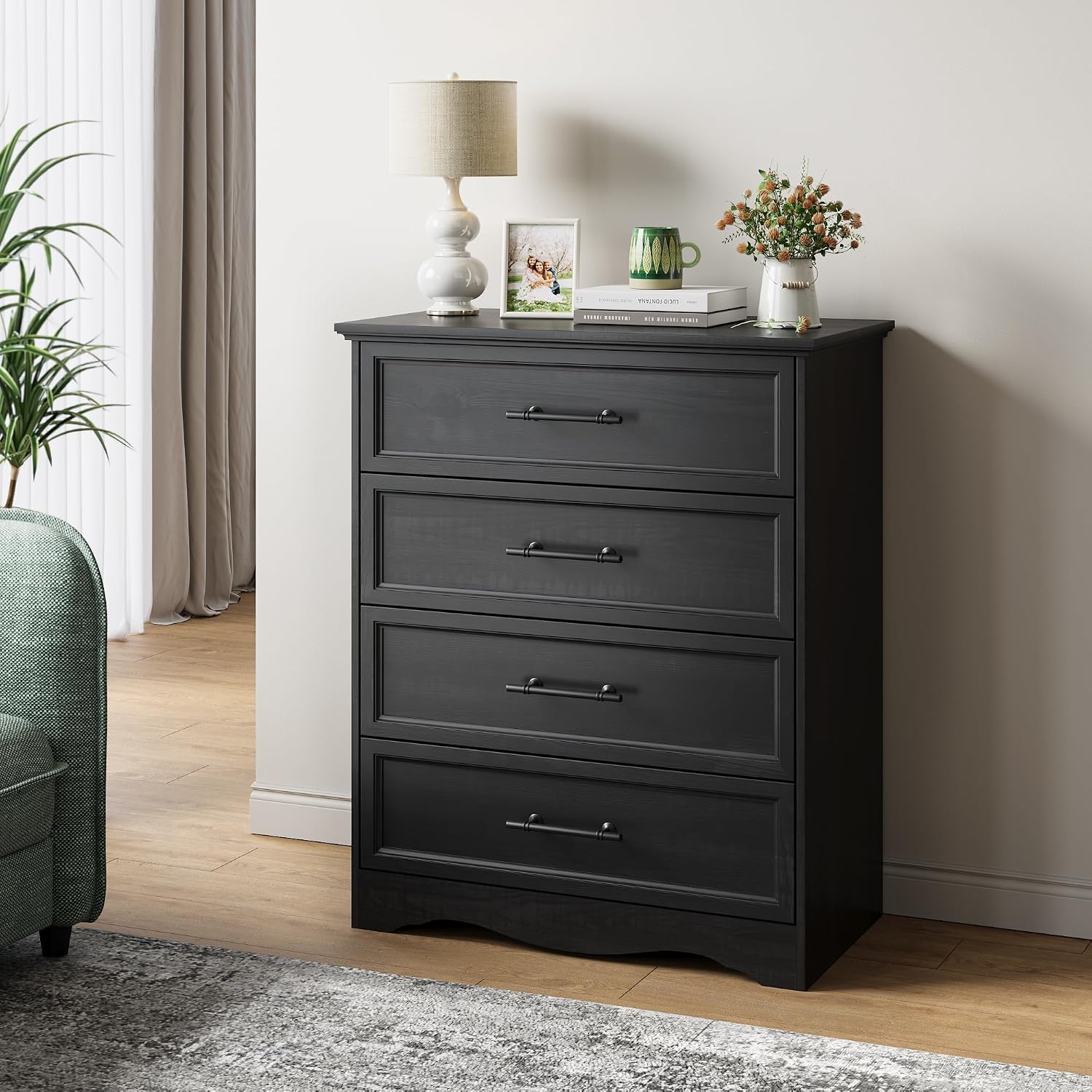 Black Dresser for Bedroom, Farmhouse 36' Tall 4 Drawer Chest with Sleek Brushed Metal Handles, Modern Wood Storage Cabinet with Unique Base Design, Closet Organizer for Bedroom, Living Room, Hallway