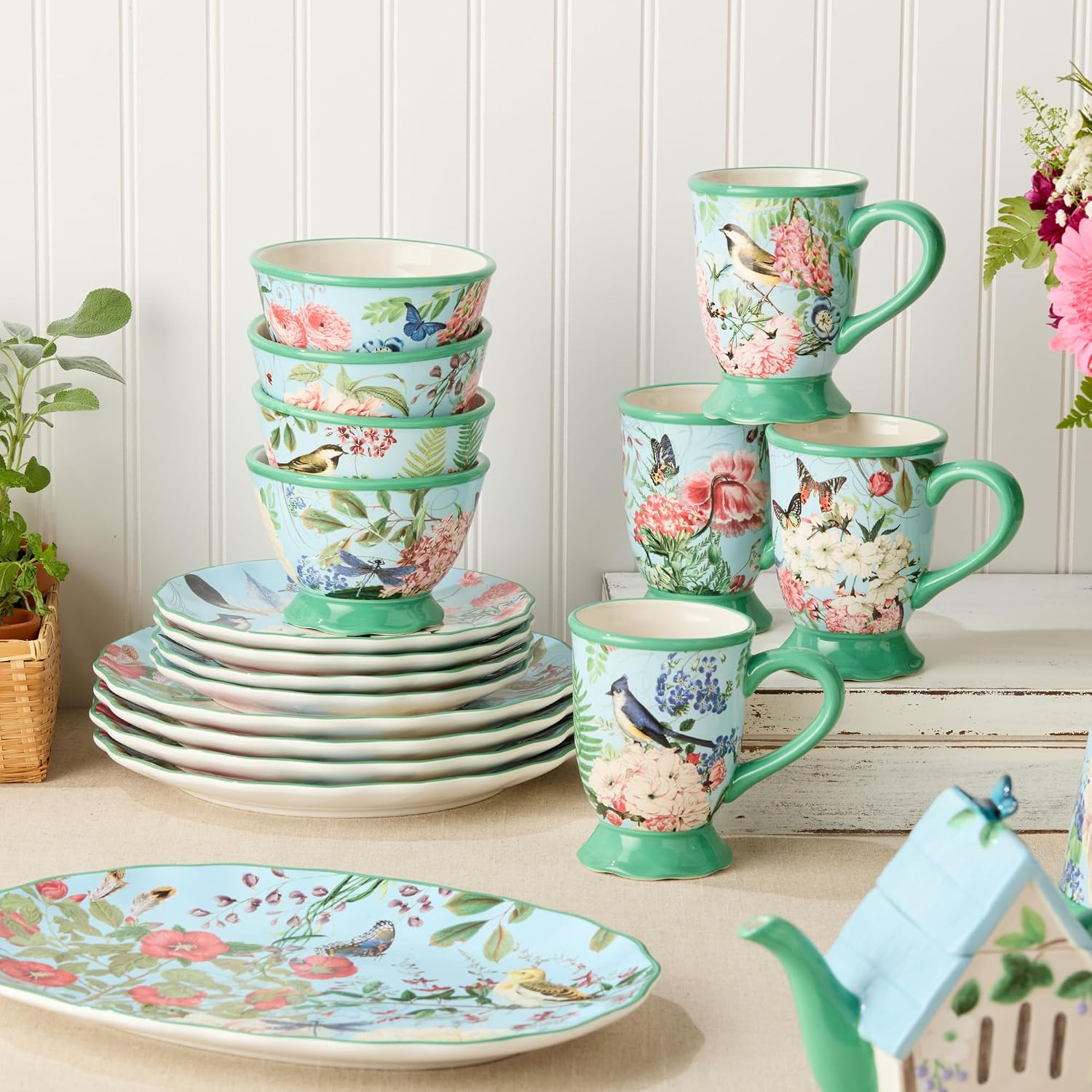 Flora 16-Piece Dinnerware Set, Service for 4 – Includes Dinner Plates, Dessert Plates, Pedestal Mugs, and Pedestal Ice Cream Bowls with Vibrant Nature-Inspired Floral Designs