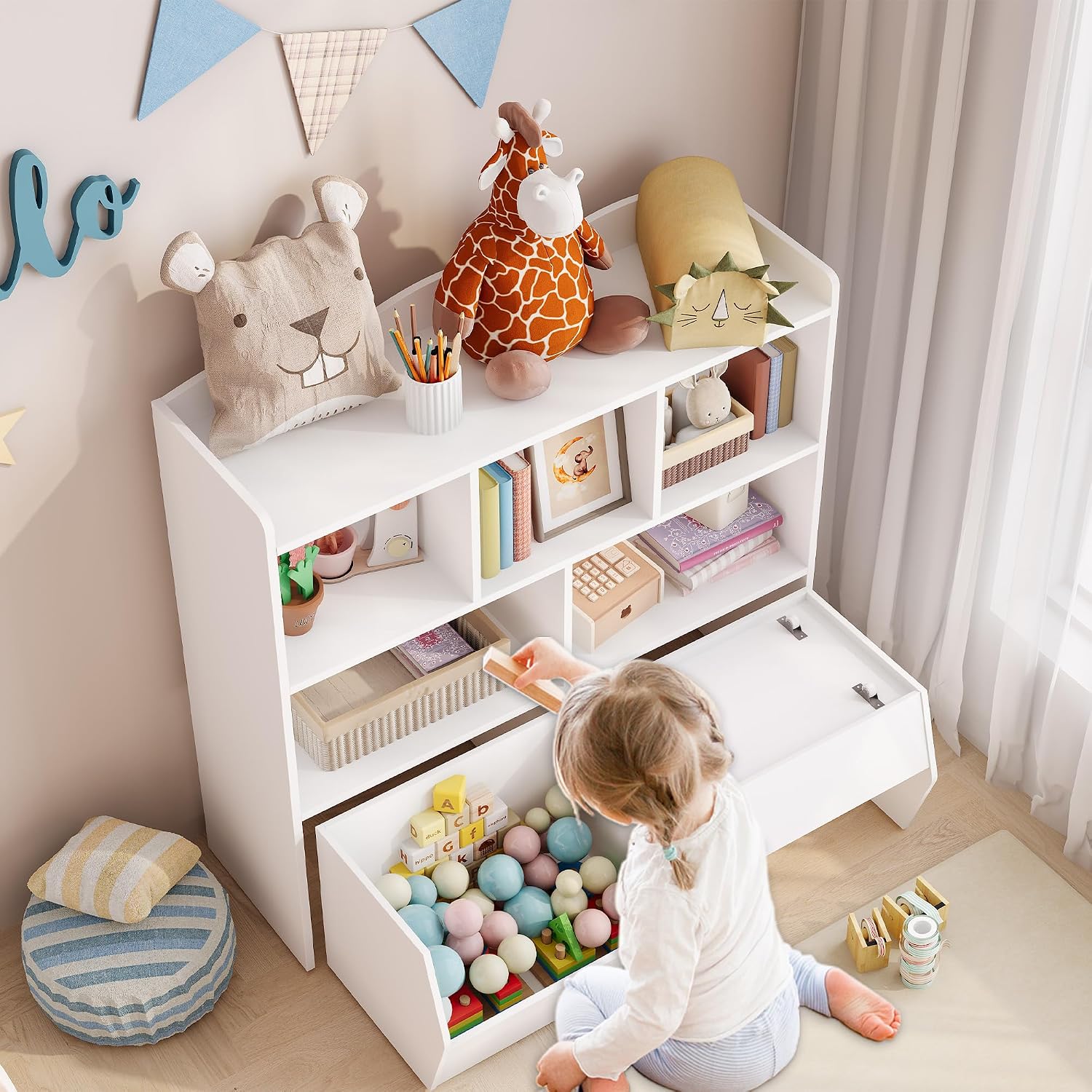 IDEALHOUSE Toy Storage Organizer with Movable Drawers, Kids Bookshelf with Hidden Wheels and 5 Open Cubbies, Multifunctional Storage Cabinet Chest for Playroom