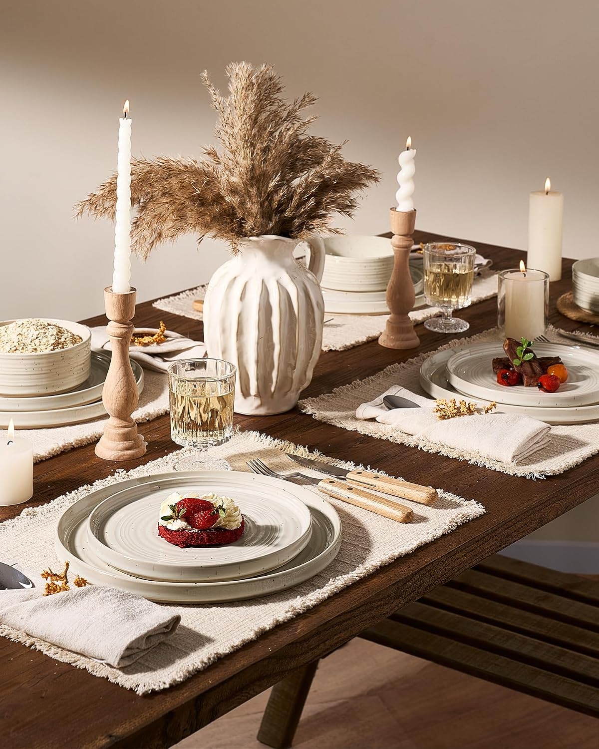18-Piece Stoneware Dinnerware Set – High Edge Plates and Bowls with Reactive Glaze, Speckles & Spirals, Scratch Resistant Dishes, Dishwasher Safe, Service for 6, Gift Box, Shell Beige
