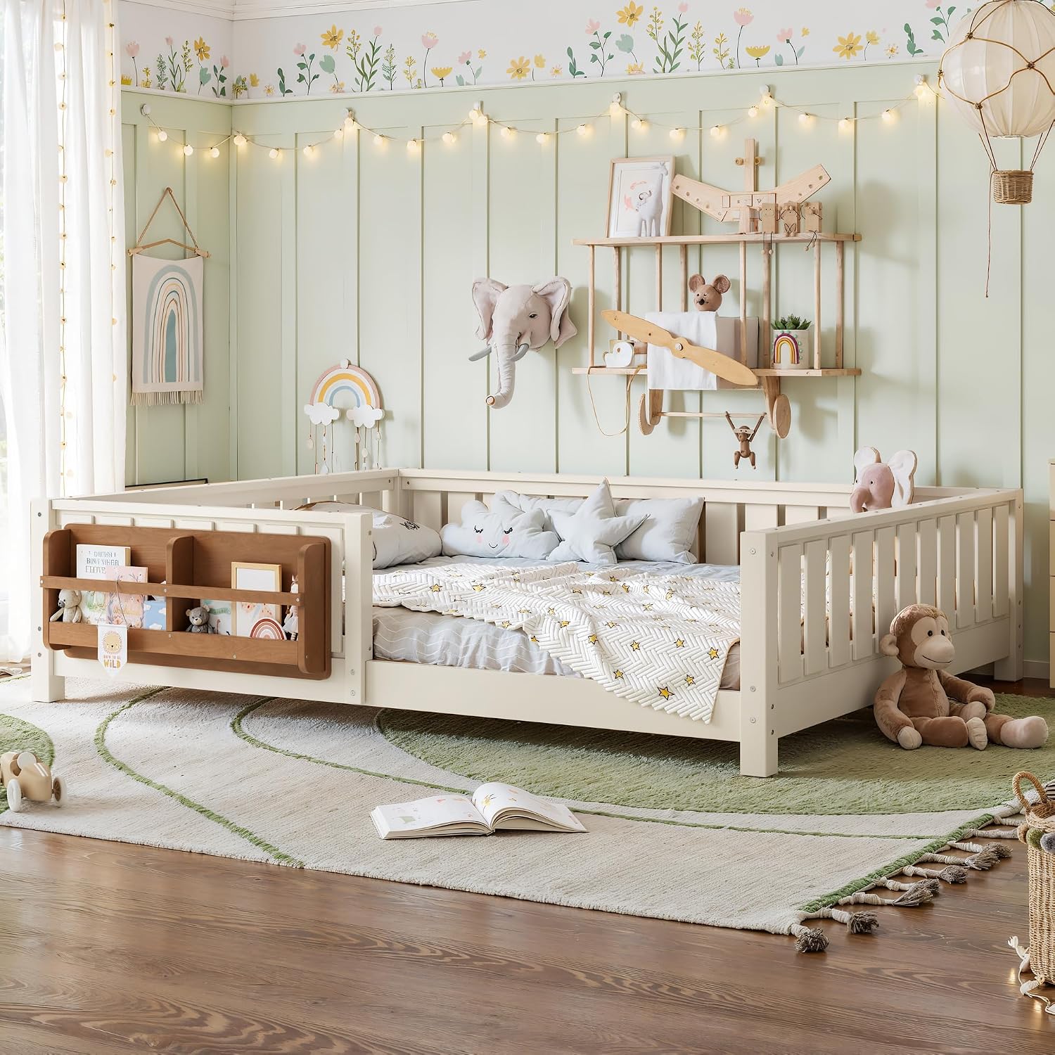 Bellemave Beige Light Natural Montessori Floor Bed with Fence and Slats, Queen Size Montessori Floor Bed with Bookcase and High Rails, Easy Assemble Bed Frame for Girls, Boys, Queen