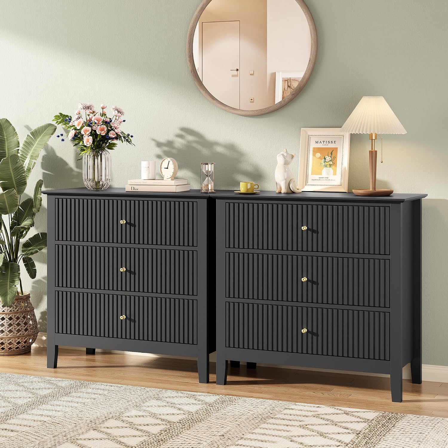 Fluted 3 Drawer Dresser Set of 2, Small Dresser Nightstand for Bedroom, Modern Wood Chest of Drawers, Wooden Dresser Nightstand with Paint Design for Closet, Hallway, Entryway, Black