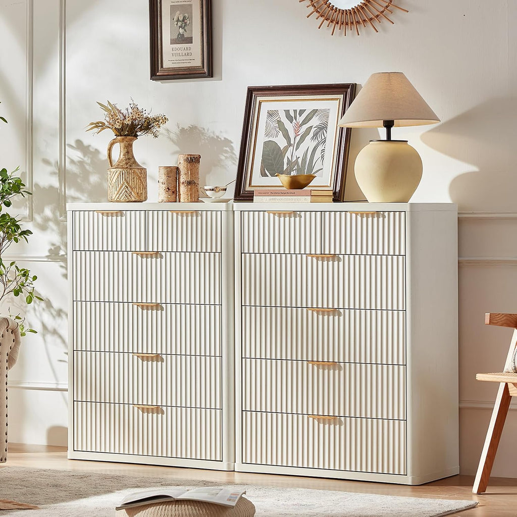 LEYAOYAO Fluted 6 Drawers Dresser for Bedroom Set of 2, 42' Tall Modern Chest of Drawers with Metal Handle, Curved Profile Design,Wood Drawer Organizer for Bedroom, Living Room,Antique White
