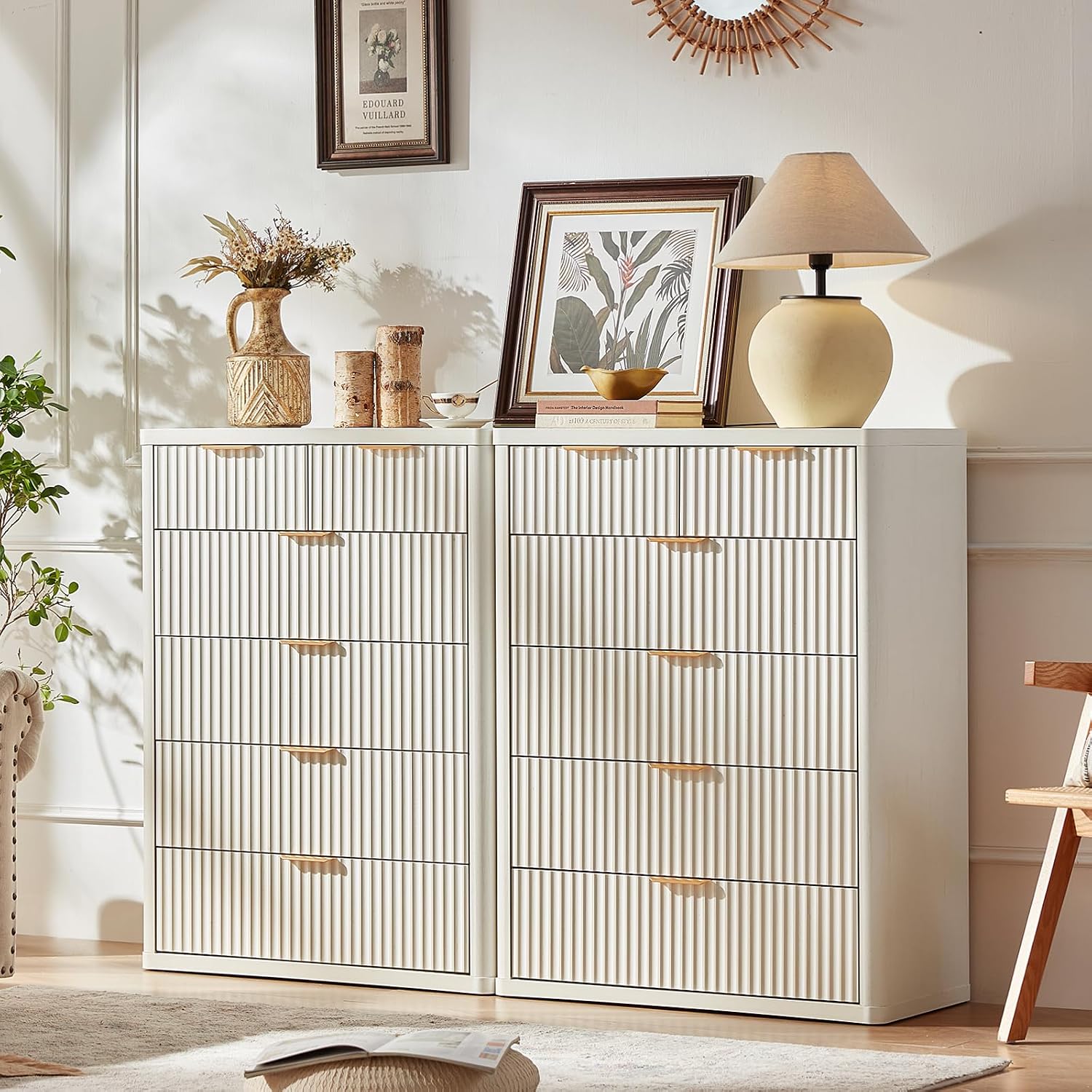 LEYAOYAO Fluted 6 Drawers Dresser for Bedroom Set of 2, 42' Tall Modern Chest of Drawers with Metal Handle, Curved Profile Design,Wood Drawer Organizer for Bedroom, Living Room,Antique White