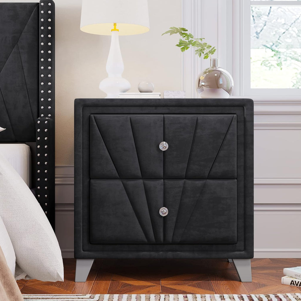 3 Pieces Velvet Bedroom Set with Full Upholstered Bed and Two Nightstand, Contemporary Furniture Set for Bedroom Living Room (Black+3 Pieces+Full)