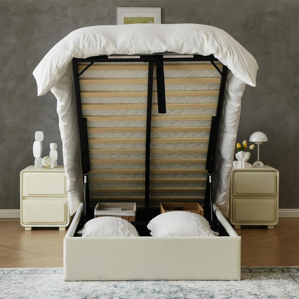 YUHUASHI Queen Size Hydraulic Storage Bed, Upholstered Platform Bed Frame, Modern Wingback Design Headboard, Velvet Fabric with Hydraulic Support Bars, No Box Spring Required (Cream, Twin)
