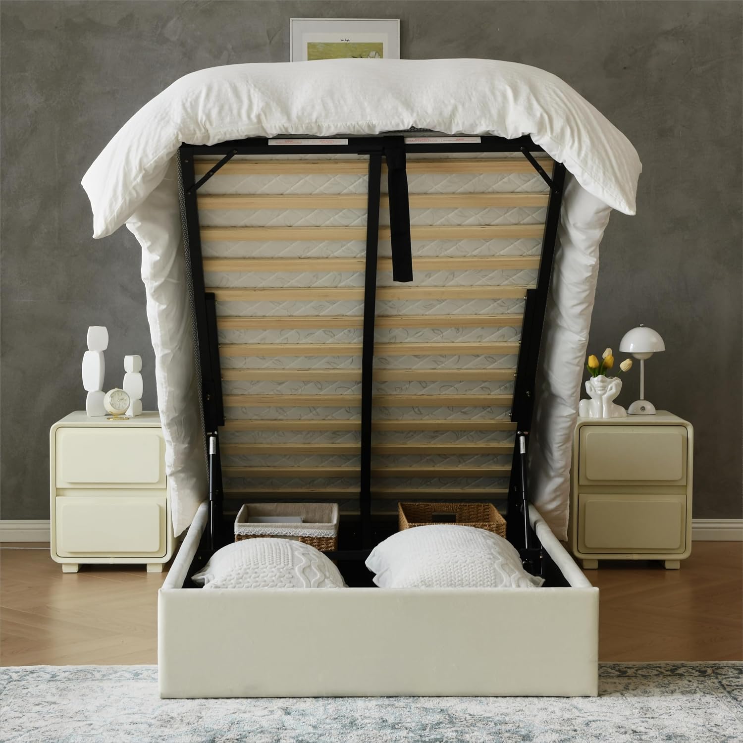 YUHUASHI Queen Size Hydraulic Storage Bed, Upholstered Platform Bed Frame, Modern Wingback Design Headboard, Velvet Fabric with Hydraulic Support Bars, No Box Spring Required (Cream, Twin)