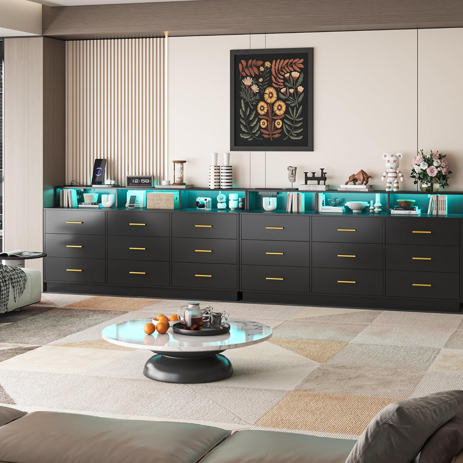 UNIQUITE Black 9 Drawer Dressers for Bedroom, Modern Large Dresser with LED Light and Power Outlet, Wooden Long Dresser for Bedroom, Entryway, Hallway