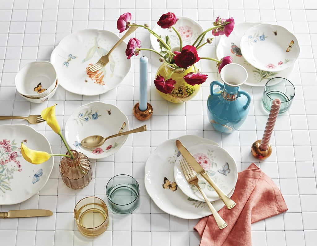 Lenox Dinnerware Set, Butterfly Meadow 28-Piece Set, Service For 4, Porcelain Plates With Scalloped Edges, Plates And Bowls Sets, Microwave Safe, Dishwasher Safe, Home & Kitchen (28 Piece, Assorted)
