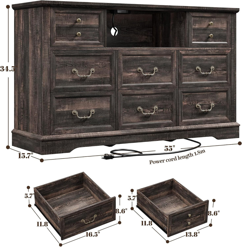 EnHomee 8 Drawers Dresser with Power Outlets and LED Lights,55' W Rustic Wooden Dressers & Chests of Drawers for Bedroom, Hallway, Rustic Oak, 55' W x 34.5' H x 15.7' D