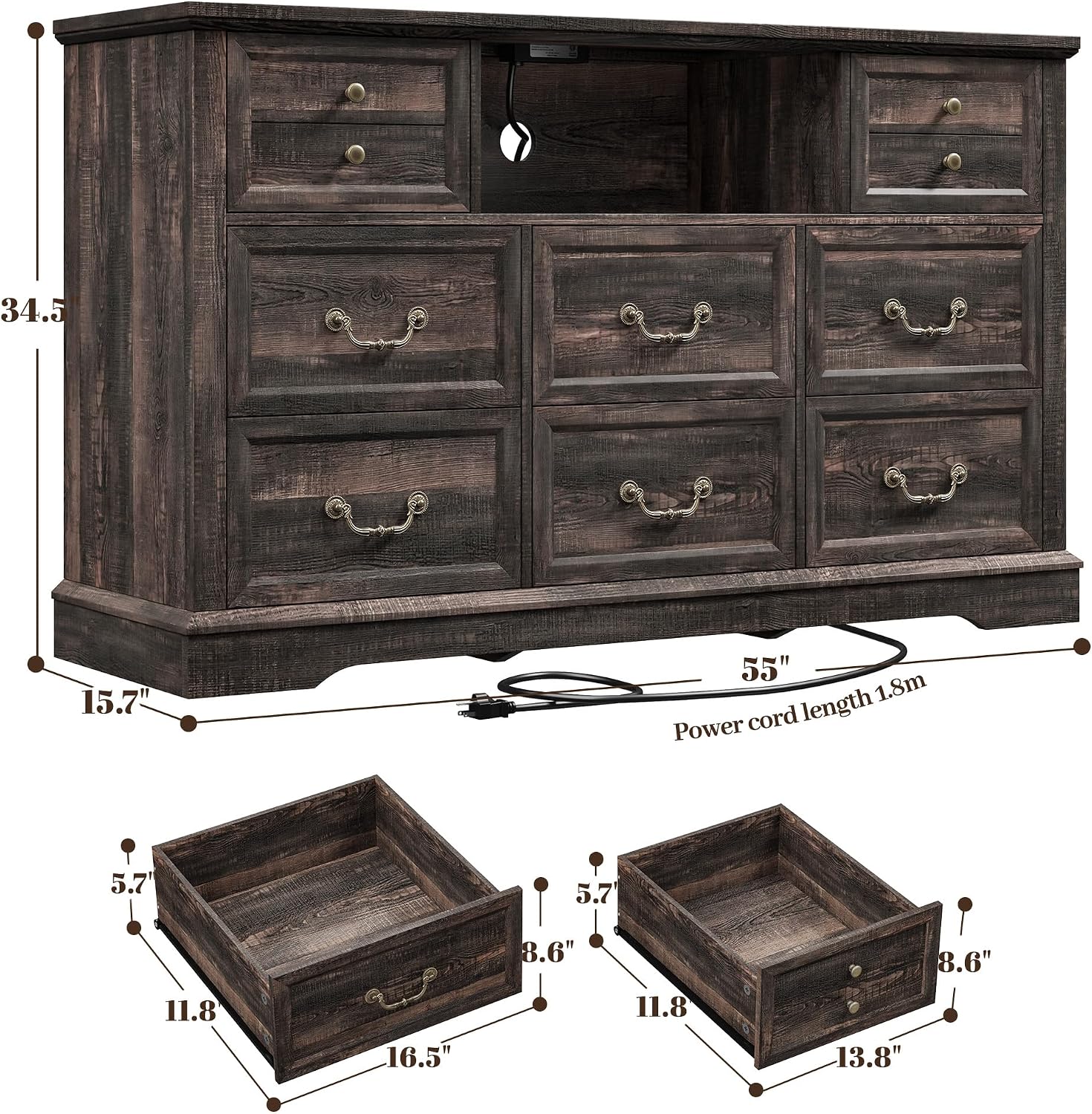 EnHomee 8 Drawers Dresser with Power Outlets and LED Lights,55' W Rustic Wooden Dressers & Chests of Drawers for Bedroom, Hallway, Rustic Oak, 55' W x 34.5' H x 15.7' D