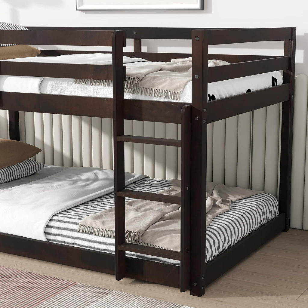 Ball & Cast Solid Rubber Wooden Twin Over Twin Bunk Bed with Ladder and Full Length Guardrail,Low Bunkbed w/Slat Support,Bedroom Furniture for Girls Boys,Espresso