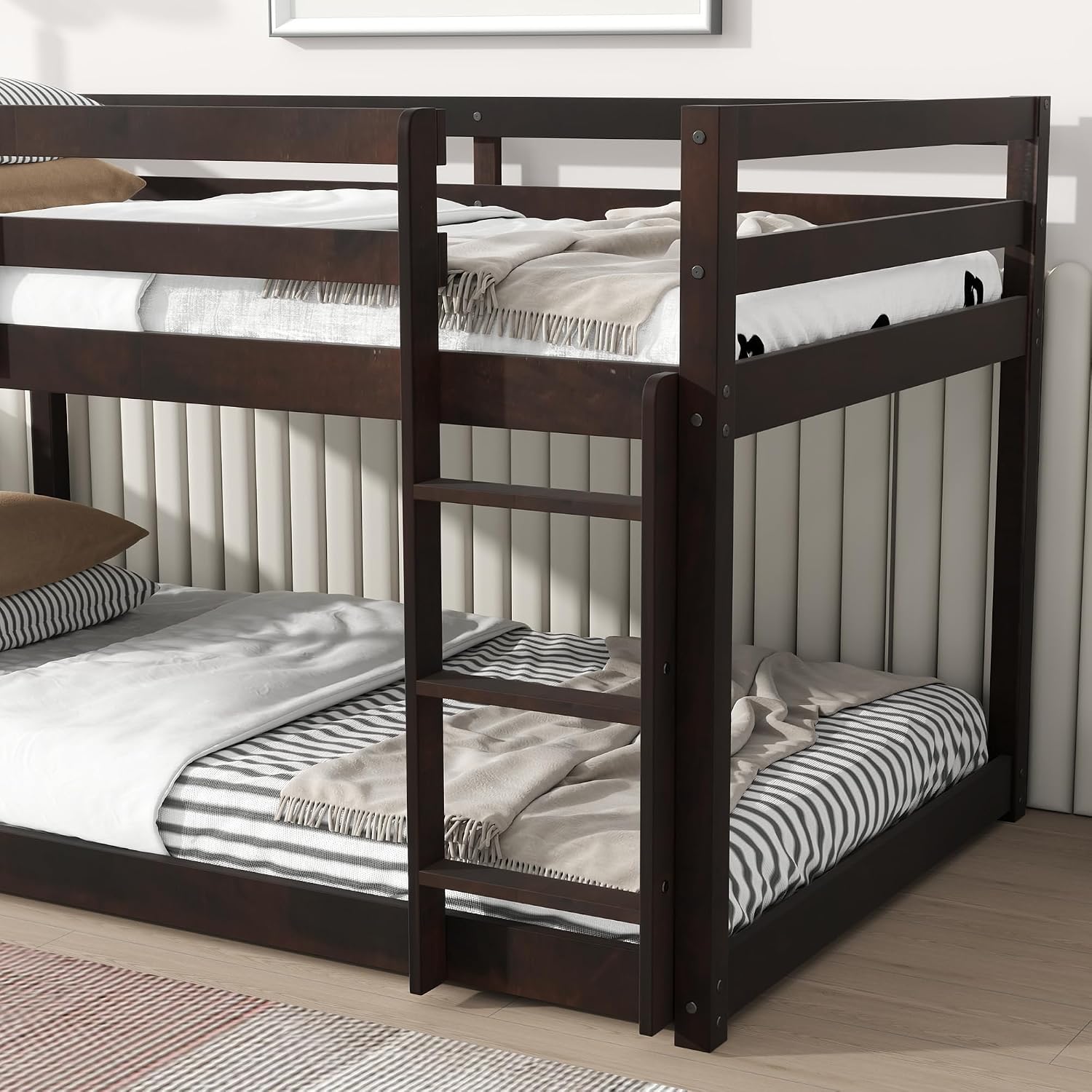 Ball & Cast Solid Rubber Wooden Twin Over Twin Bunk Bed with Ladder and Full Length Guardrail,Low Bunkbed w/Slat Support,Bedroom Furniture for Girls Boys,Espresso