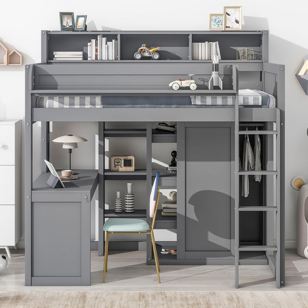 Wood Twin Size Loft Bed with Storage Shelves and Wardrobe,Bedroom Multifunctional Bed Frame w/Integrated Ladder/Full-Length Guardrails/3 Cabinets,for Kid Boy Girl Teen,Grey