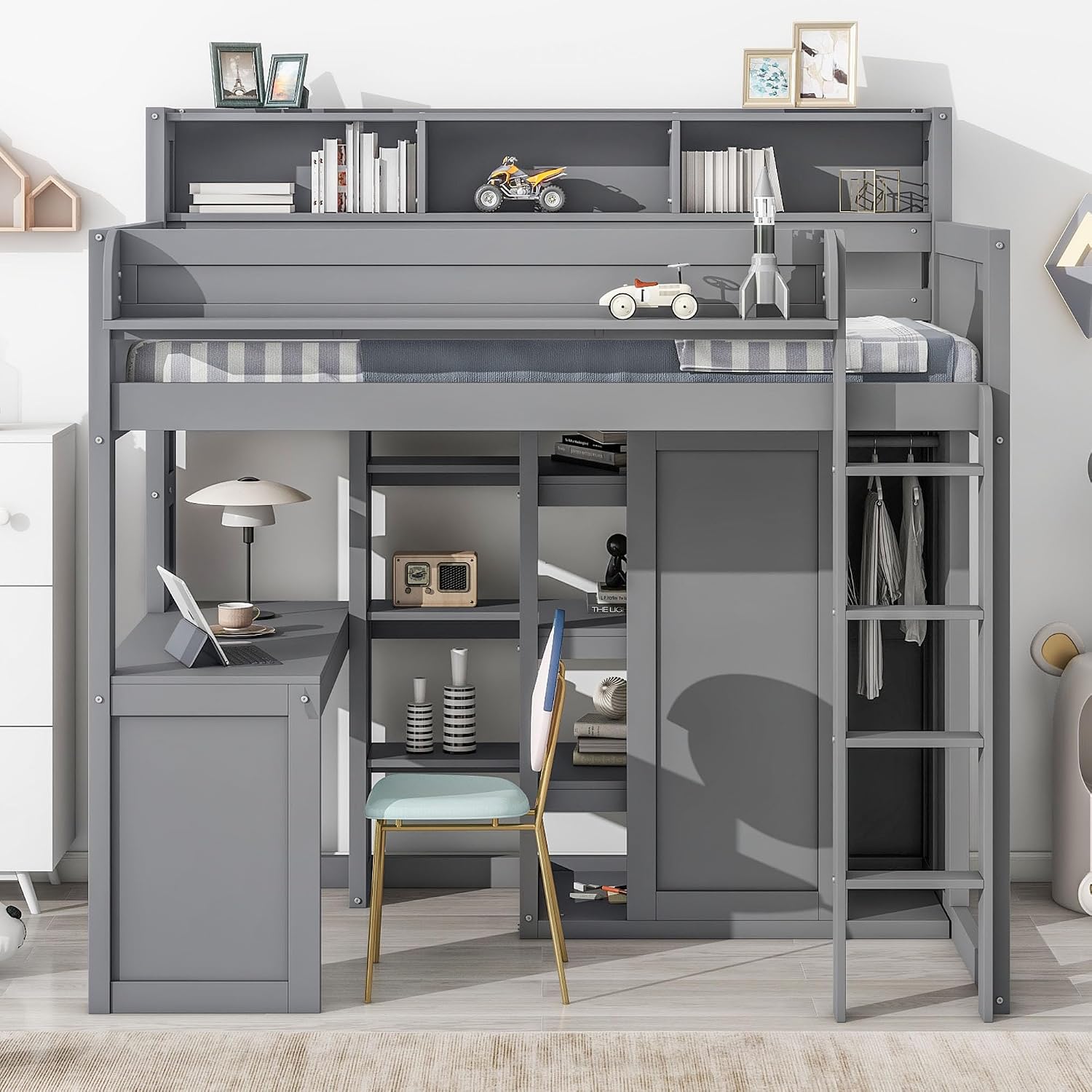 Wood Twin Size Loft Bed with Storage Shelves and Wardrobe,Bedroom Multifunctional Bed Frame w/Integrated Ladder/Full-Length Guardrails/3 Cabinets,for Kid Boy Girl Teen,Grey
