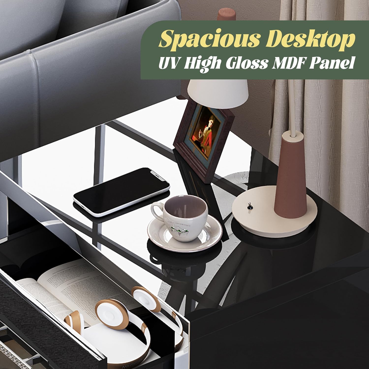 Henf Modern Black Nightstand Set of 2 for Bedroom, Elegant High Gloss 2 Drawer Night Stand with Silver Mirrored Legs, Small Wood End Table Sofa Side Table for Living Room Bedroom Apartment (Black)