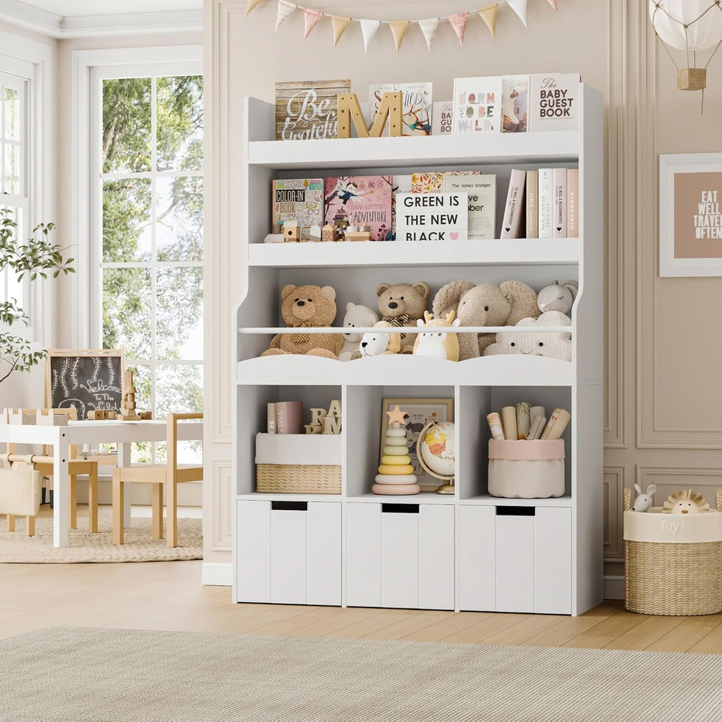 HITHOS 55.3' H Kids Bookshelf with Toy Storage Organizer, Tall Book Shelf with 3 Movable Toy Storage Bins, Large Kids Bookcase with Toy Chest, 39.2' W Modern Toy Box for Kid Room, Playroom, White