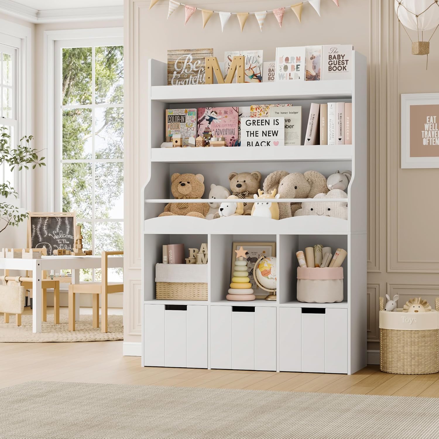 HITHOS 55.3' H Kids Bookshelf with Toy Storage Organizer, Tall Book Shelf with 3 Movable Toy Storage Bins, Large Kids Bookcase with Toy Chest, 39.2' W Modern Toy Box for Kid Room, Playroom, White