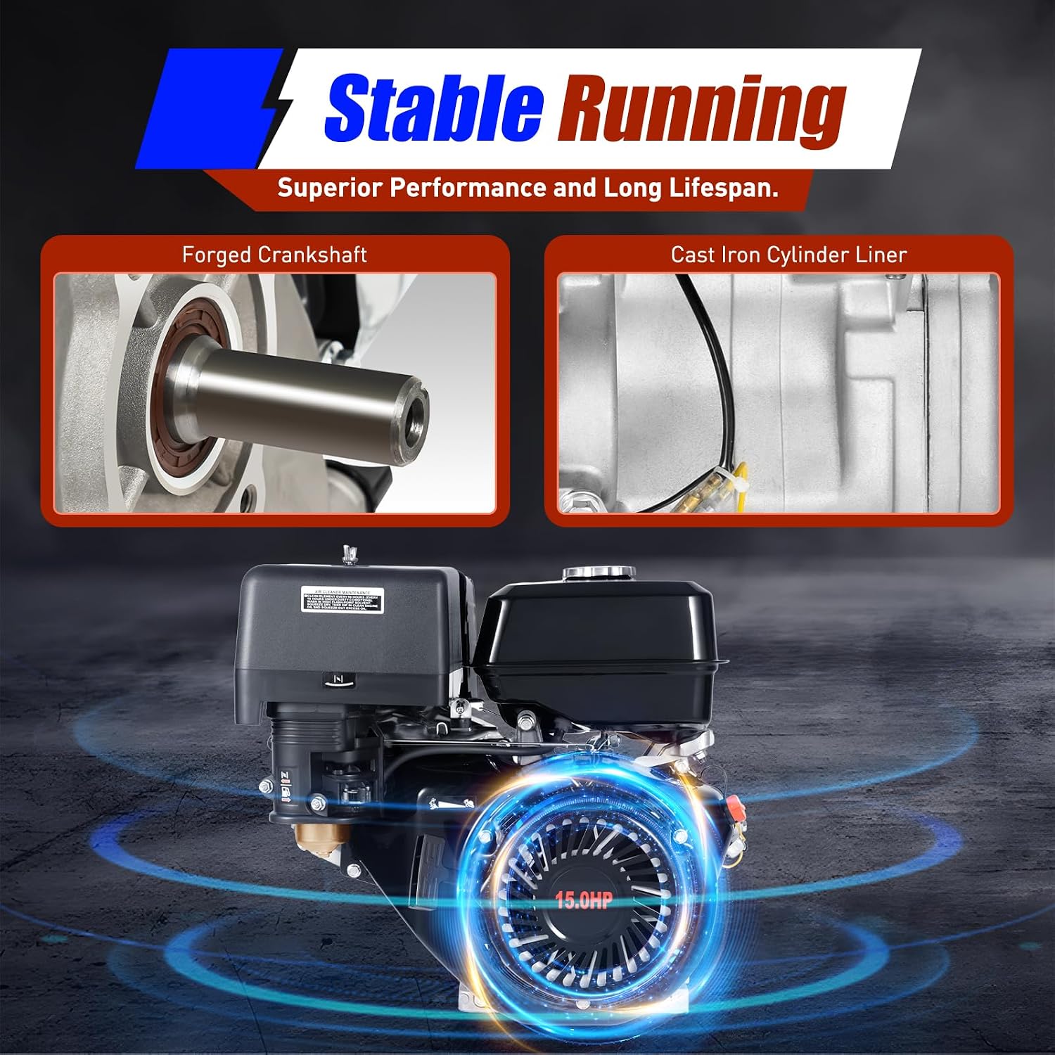 15HP Gas Engine, 4-Stroke 420CC Gas Horizontal Engine, Go Kart Motor Engine, OHV Single Cylinder Manual Recoil Start Petrol Engine for Pumping Machine Microtiller Sprinkler Weeder (15HP, 420CC,Black)