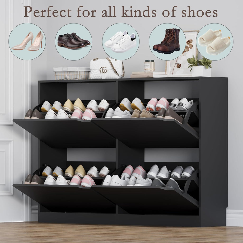 BORNOON Shoe Cabinet with 4 Flip Drawers, Narrow Hidden Shoe Storage Cabinet, Slim Freestanding Shoe Rack Organizer for Entryway, Hallway, Bedroom, Living Room