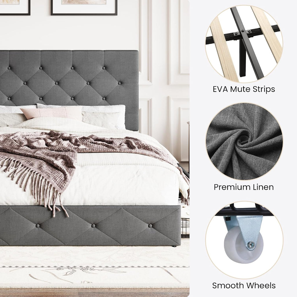 SHA CERLIN Upholstered Full Size Platform Bed Frame with 4 Storage Drawers, Adjustable Headboard with Diamond Stitched Button Tufted Design, Wooden Slat Support, No Box Spring Needed, Dark Grey