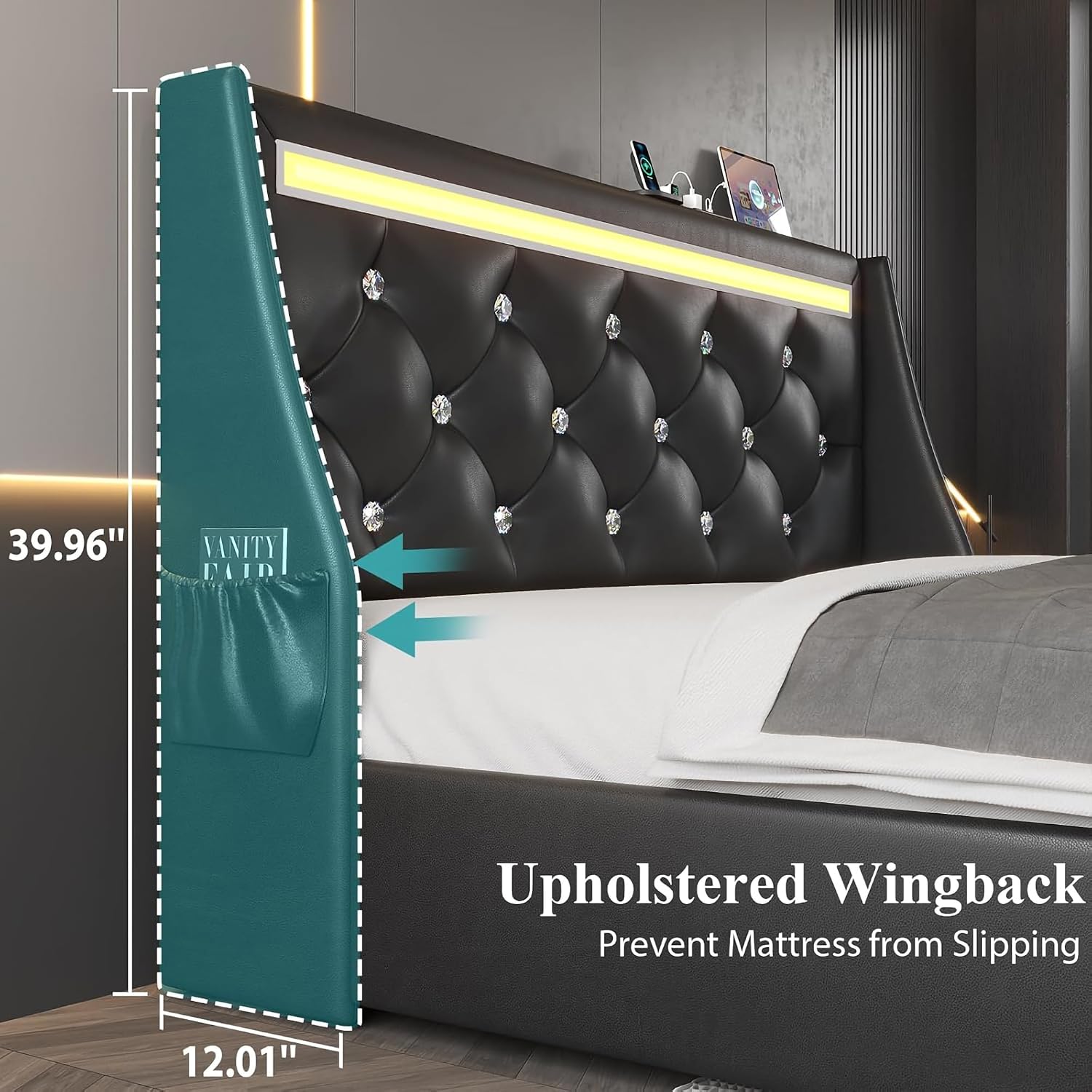 Queen Bed Frame with Storage Drawers and LED Lights/Charging Station, Modern Diamond Upholstered Platform Bed with Wingback Headboard, Wooden Slats Support, No Box Spring Needed (Black, Queen)