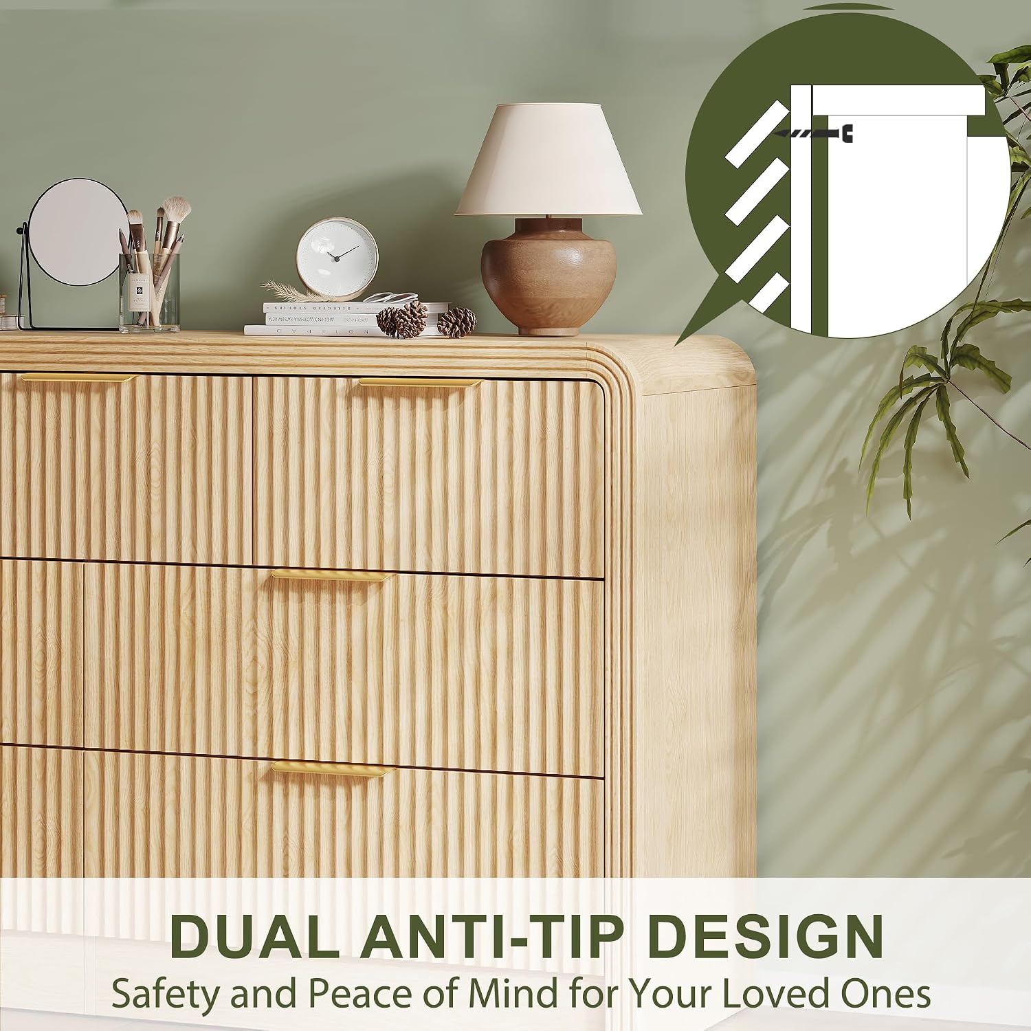 Decofy Fluted Drawers Dresser for Bedroom, Wood Dressers with Gold Handles, Modern Dressers with Wave Texture, Large Storage Chest of Drawers, Bedroom Dresser Organizer 55'' & 7 Drawers (Natural Oak)