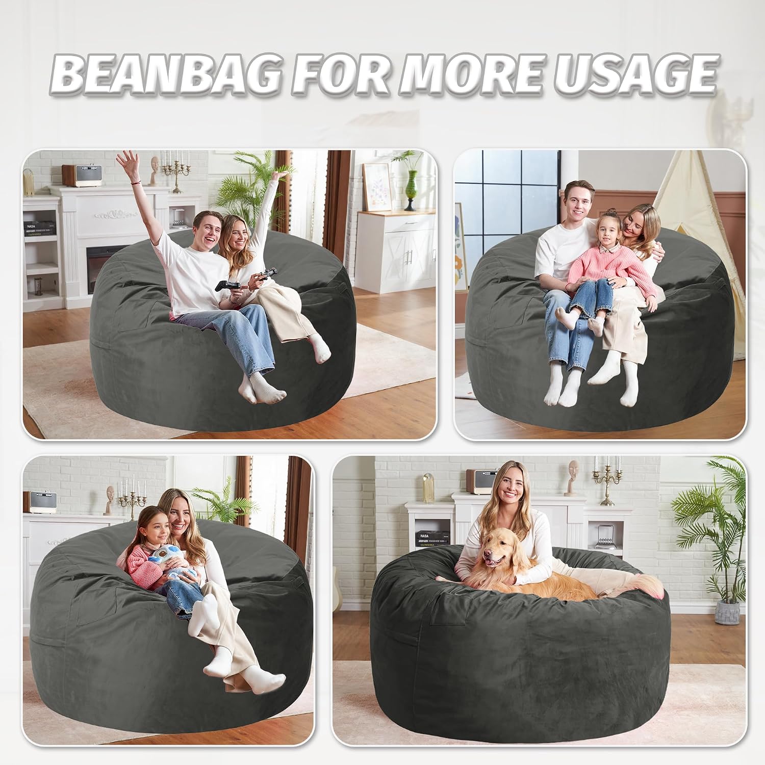 6FT Bean Bag Chair with Ultra Soft Velvet Cover Bean Bag Sofa with Memory Foam Bean Bag Chairs with Large Size Lazy Sofa for Dorm Office Living Room Bedroom Grey 6'
