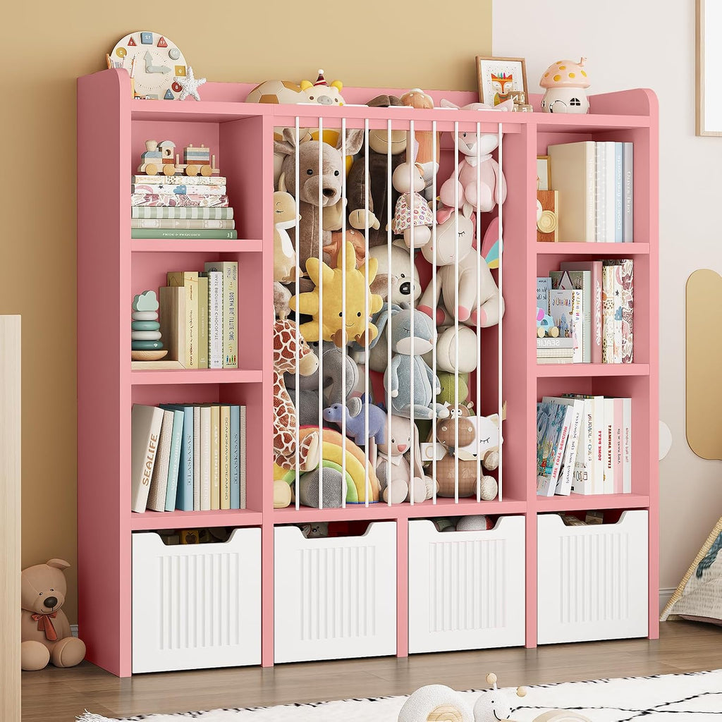 ONBRILL Toy Storage Organizer, Toddler Stuffed Animal Storage, Kids Toy Shelf with 6 Open Cubbies & 4 Movable Toy Chest, Bookshelf for Kids Room Playroom Bedroom Nursery (Pink)