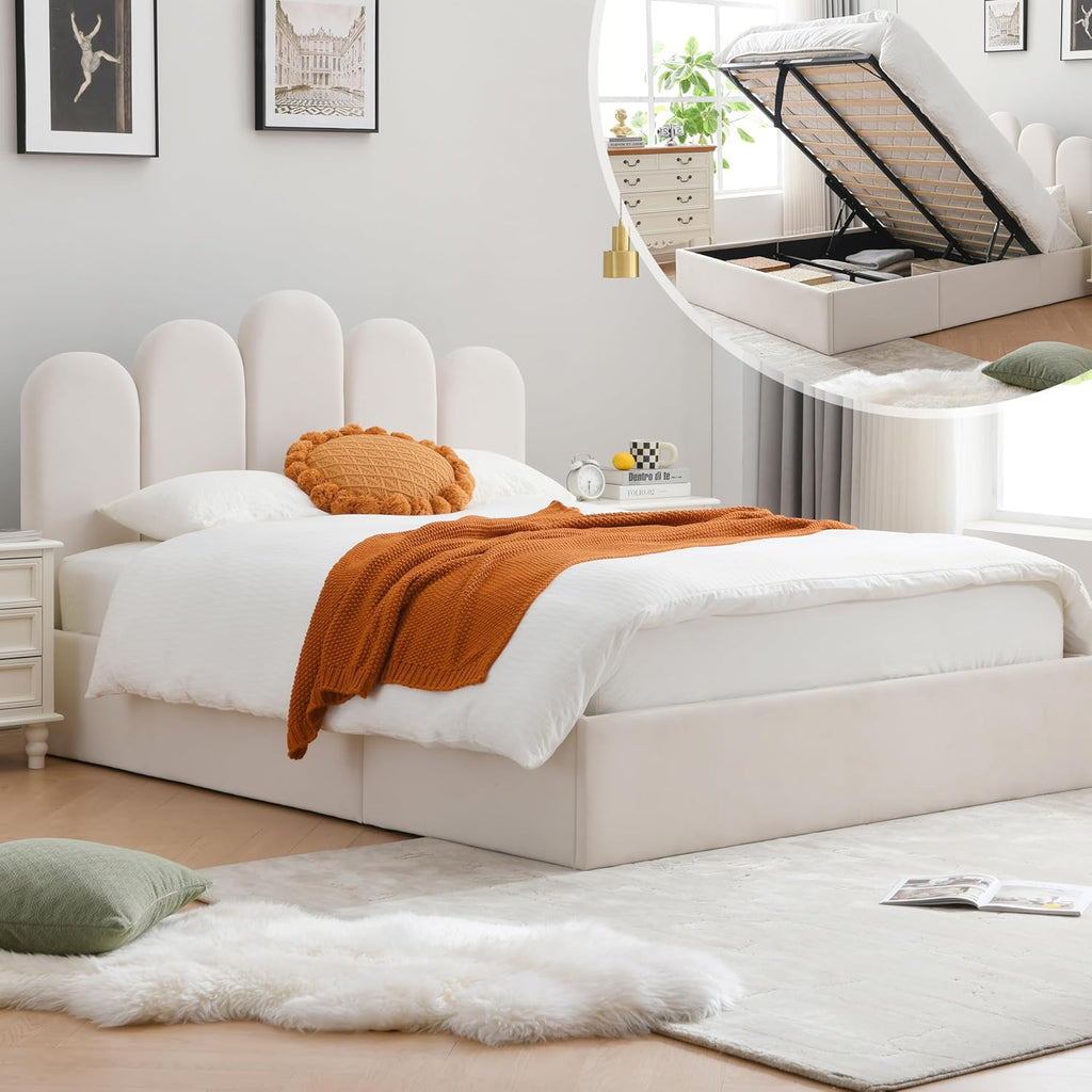 Lift Up Storage Bed Queen Size, Upholstered Platform Bed with Hydraulic Storage System & Wood Slats Support, Queen Bed Frame with Headboard, No Box Spring Needed, Easy Assembly, Cream