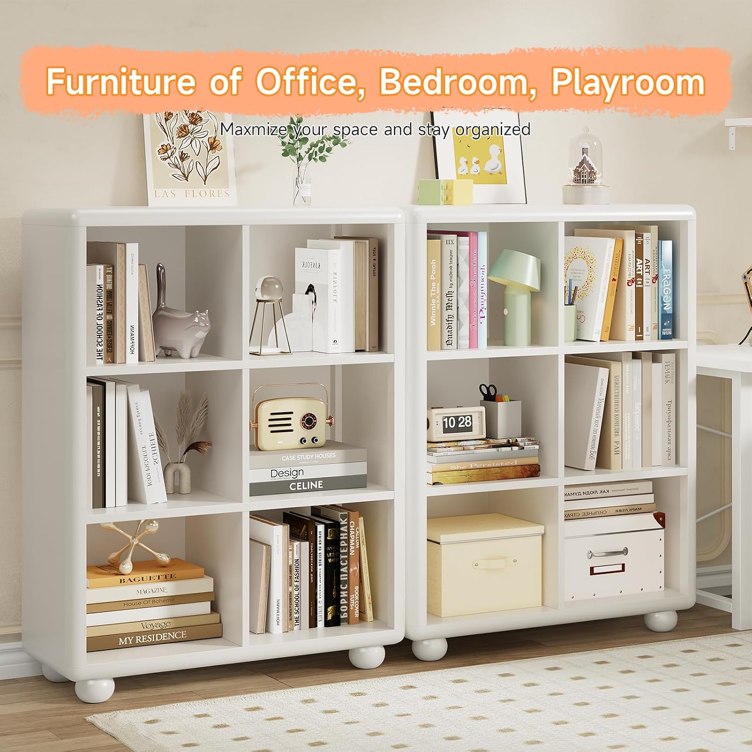 Kids Bookshelf, Large Wooden Bookcase with 6 Cube Storage, Girl Toy Storage Organizer Cabinet with Child Safe Paint&Thick Board, Boy Tall Book Shelves Nook for Office Playroom Living Room(White)