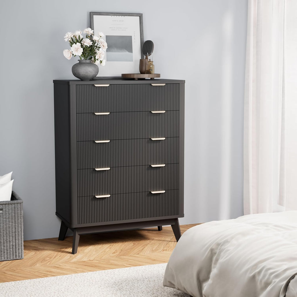 Royal Windsor Fluted 5 Drawers Dresser for Bedroom,43' Tall Wooden Dresser Chest of Drawers,Curved Profile Design,Storage Organizer for Living Room,Hallway,Black
