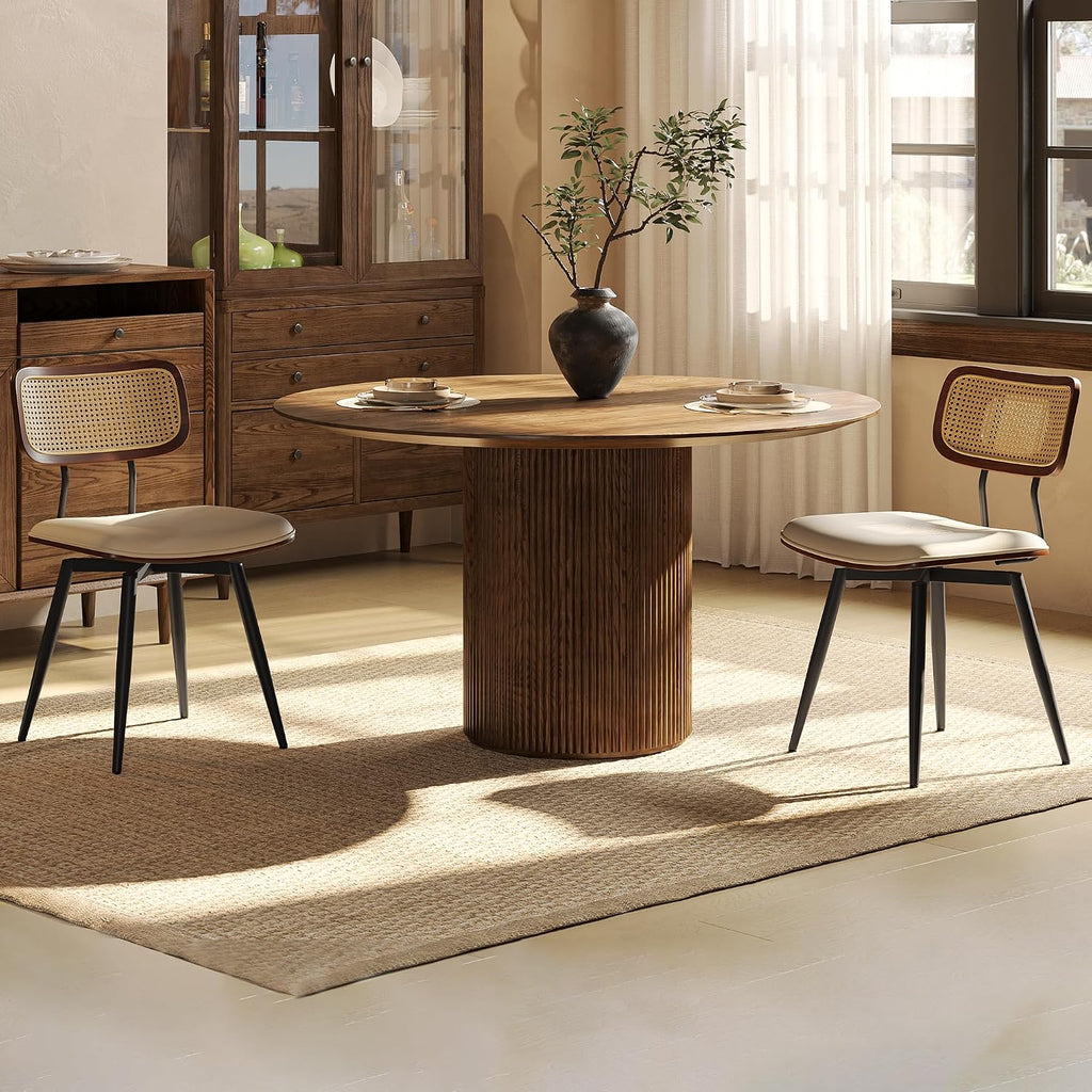 Dining Chairs, Swivel Dining Chairs Set of 2, Faux Leather & Rattan Walnut Dining Room Chairs, Bentwood & Metal Frame Upholstered Chairs with 360°Rotation, Modern Kitchen/Living Room Chairs (Beige)
