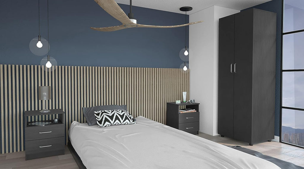 3 Piece Bedroom Set with Storage: Modern Wood Bedroom Furniture for Small Spaces - DIY Assembly Bed Frame & Nightstand & Wardrobe for Urban Apartments