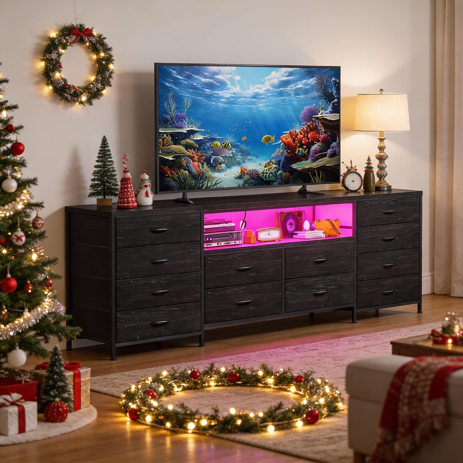 EnHomee Fits 65,70 inch TV Stand, 63' W Dresser TV Stand with LED Lights & Power Outlets, Entertainment Center with 12 Fabric Drawers Long Dresser for Bedroom, Living Room, Hallway, Black