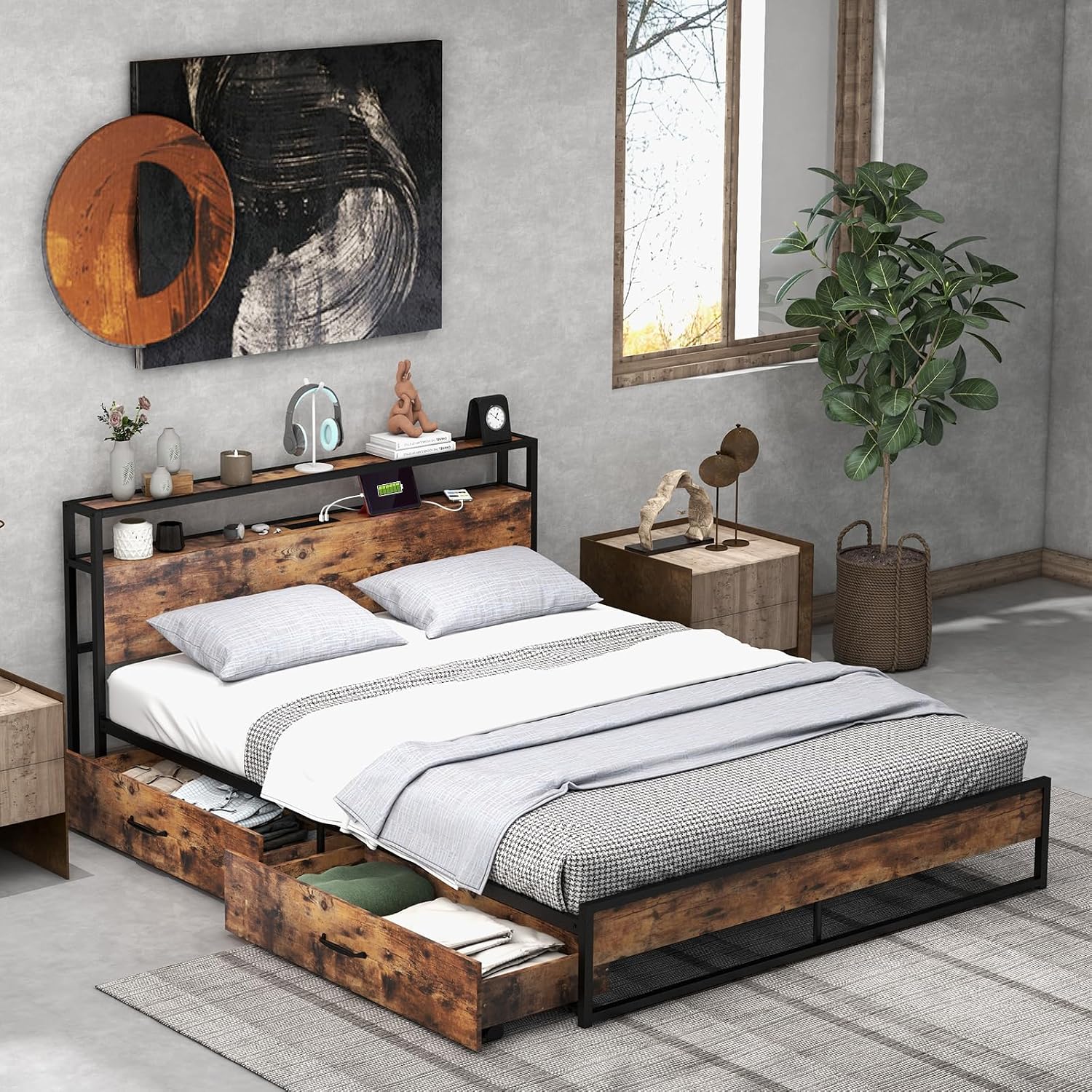 Giantex Queen Bed Frame with 2 Storage Drawers and Charging Station, Industrial Platform Bed Frame with 2-Tier Storage Headboard, Rustic Metal Slats Support Mattress Foundation, No Box Spring Needed