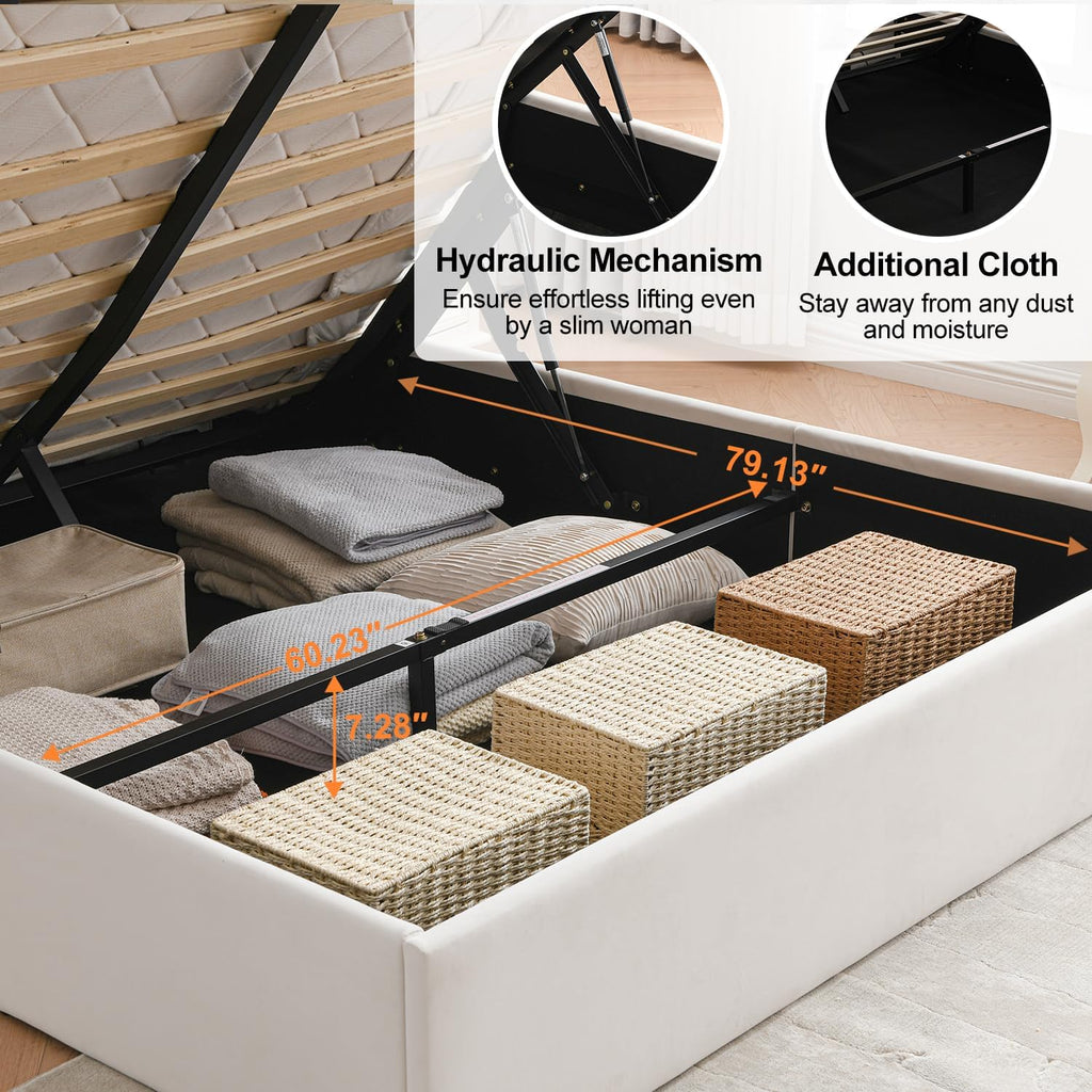 Lift Up Storage Bed Queen Size, Upholstered Platform Bed with Hydraulic Storage System & Wood Slats Support, Queen Bed Frame with Headboard, No Box Spring Needed, Easy Assembly, Cream