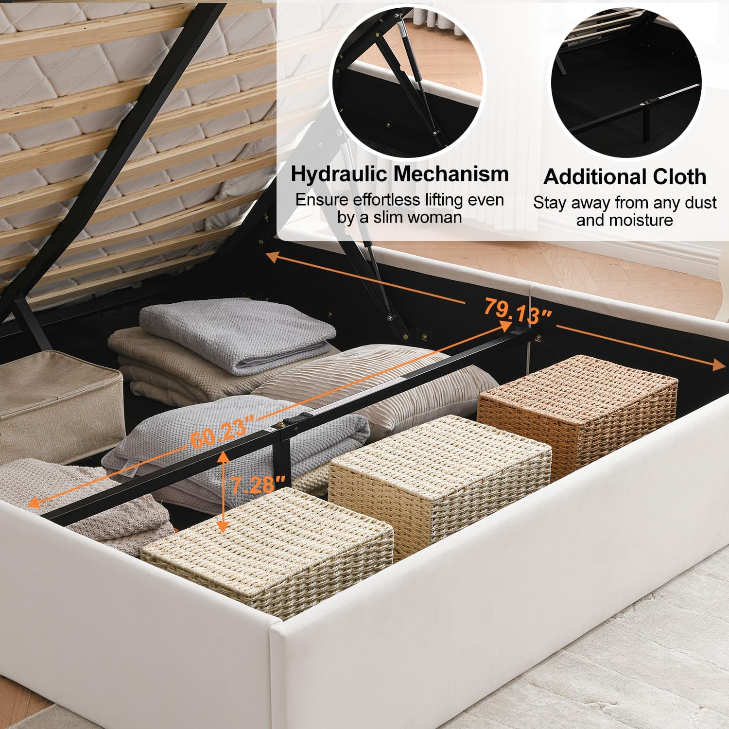 Lift Up Storage Bed Queen Size, Upholstered Platform Bed with Hydraulic Storage System & Wood Slats Support, Queen Bed Frame with Headboard, No Box Spring Needed, Easy Assembly, Cream