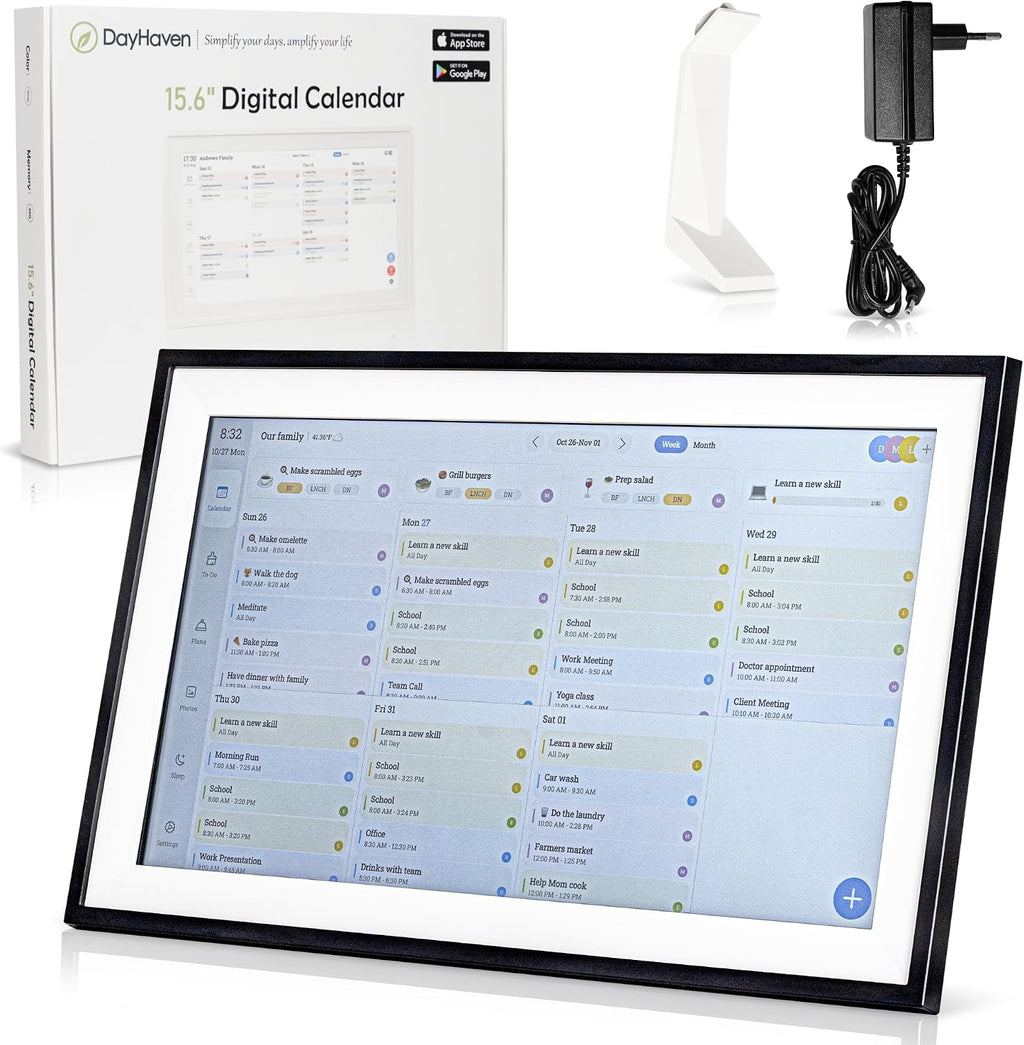 Calendar: 15.6-inch Smart Family Organizer & Digital Wall Planner with Touchscreen, Chore Chart, and Meal Planning – Wall Mount or Countertop Command Center, White 2025 Edition