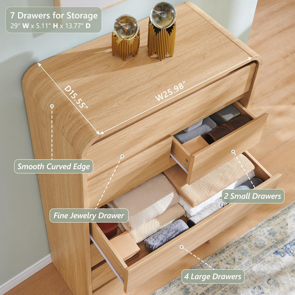 Aitjunz Modern 7 Drawers Dresser for Bedroom, 55' Tall Dressers & Chest of Drawers w/Curved Profile Design, Wood Mid Century Vertical Storage Dressers Organizer for Bedroom, Living Room, Natural Oak